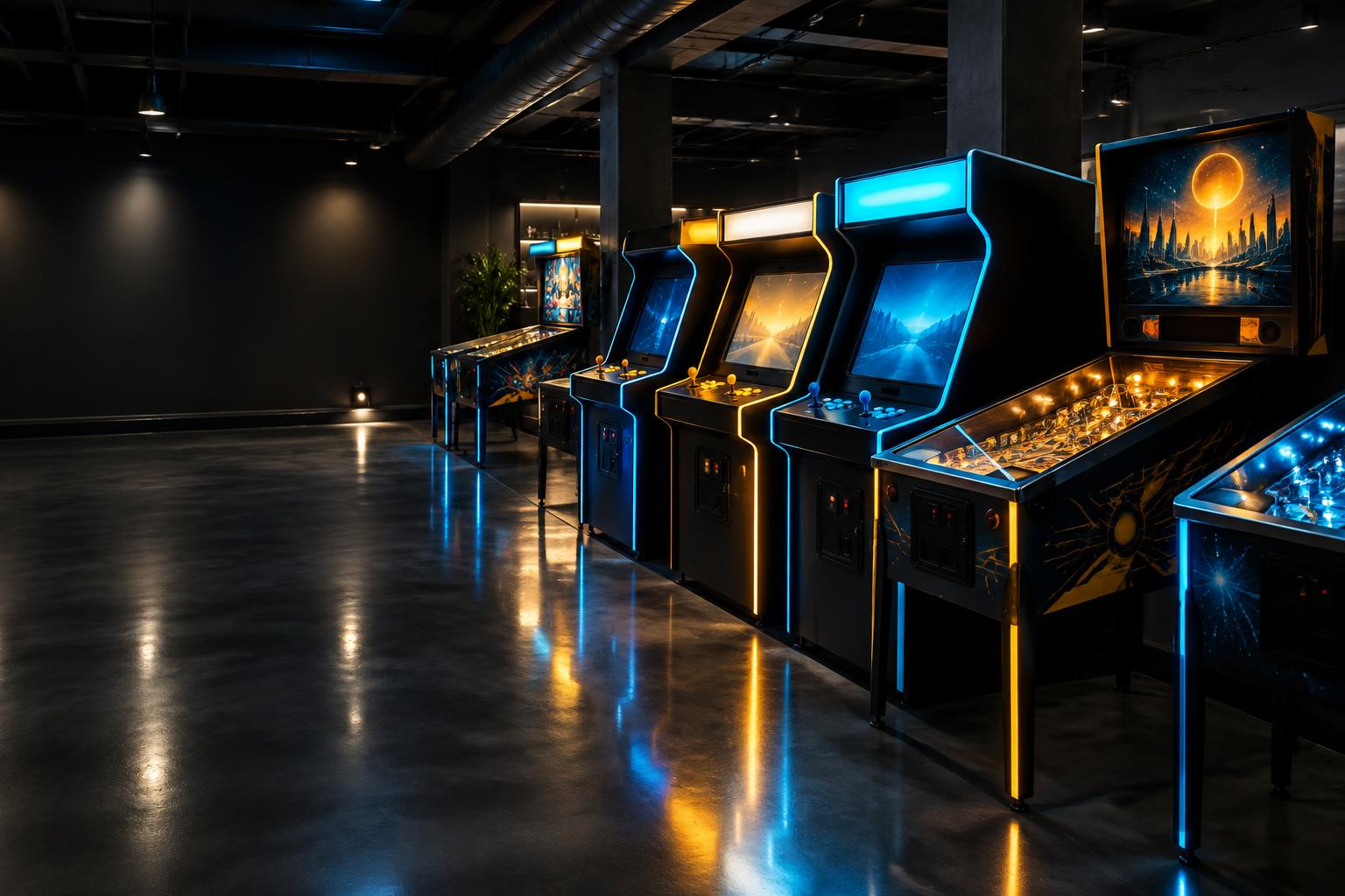 Modern arcade cabinets glowing in a dark game hall